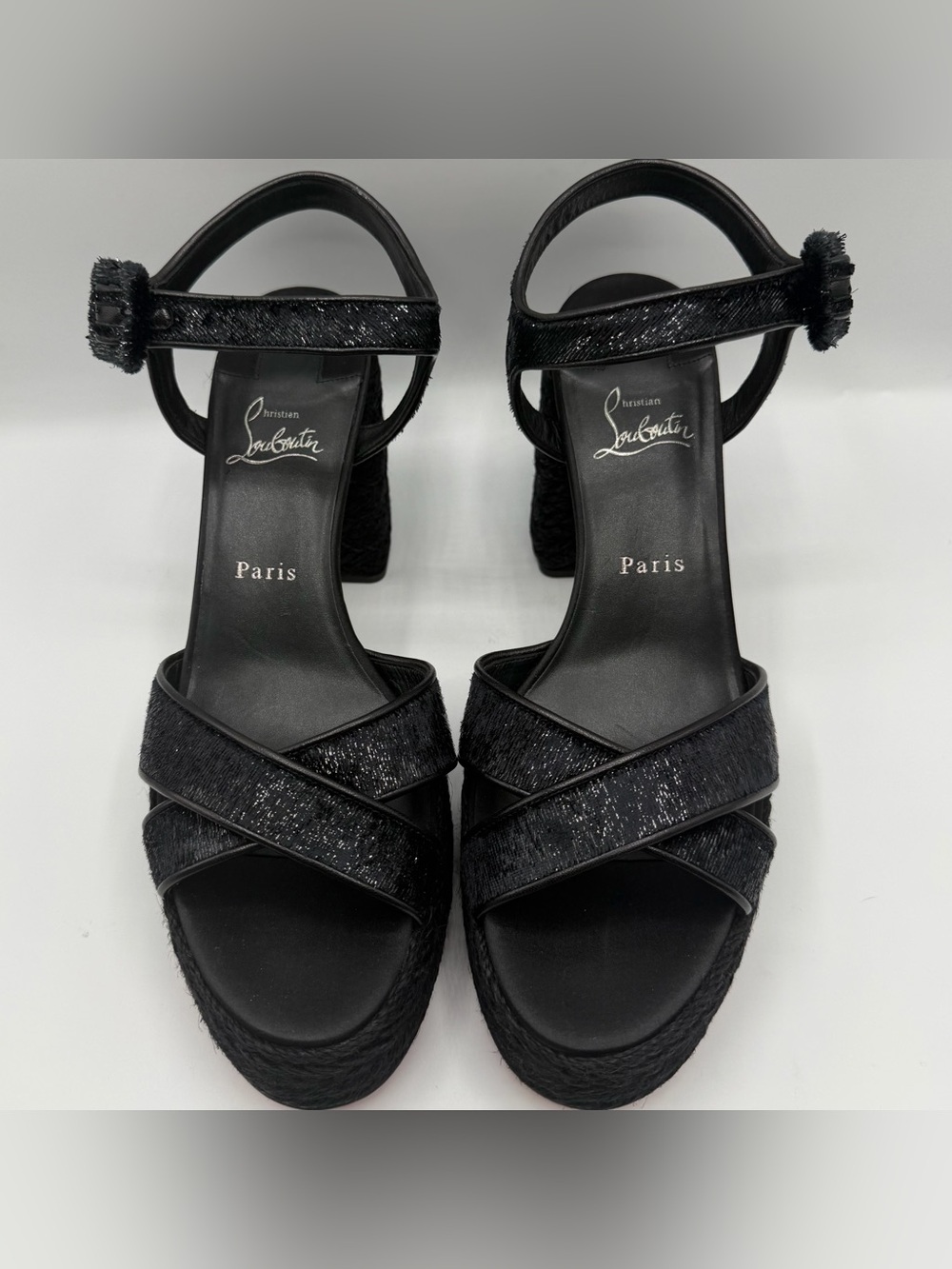 NIB Christian Louboutin Black Espadrille Calakala Platform Chunky 85 mm Heels